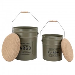 Set of 2 green metal bucket stools with lid – industrial style storage