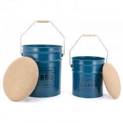 Set von 2 blauen Metall Eimer Hocker mit industriellem Stil Aufbewahrungsdeckel