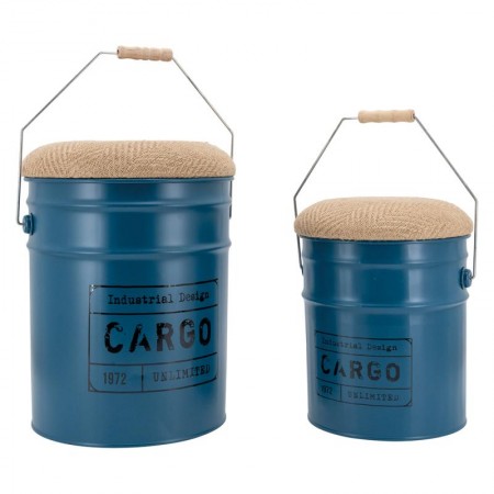 Set of 2 blue metal bucket stools with industrial style storage lid