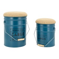 Set of 2 blue metal bucket stools with industrial style storage lid