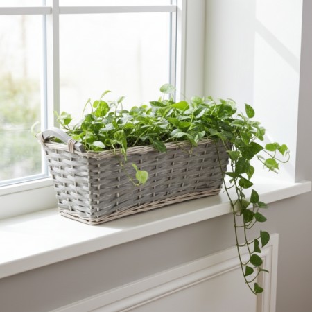 Rieten planter en grijs hout met handvatten