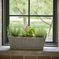 Wicker planter and gray wood with handles