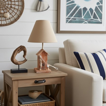 Trä sänglampa Fisherman's Cabin med beige lampa bordslampa poserar stil havet inredning