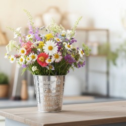 Cache-pot rond en métal laqué doré et argenté motif mots Amour, Bonheur et Petits Plaisirs ø 13 cm