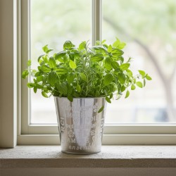 Cache-pot rond en métal laqué doré et argenté motif mots Amour, Bonheur et Petits Plaisirs ø 13 cm