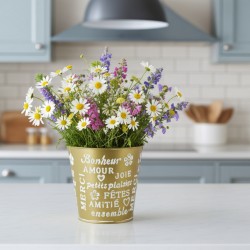 Cache-ronde pot in goud gelakt metalen en zilveren patroon woorden liefde, geluk en kleine genoegens Ø 13 cm