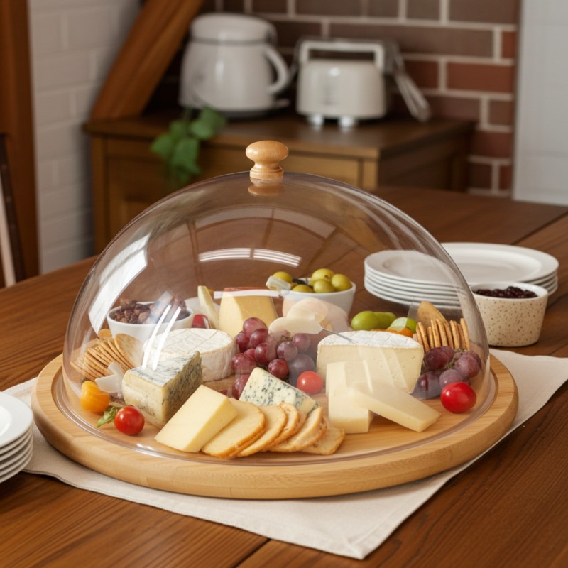 Plateau à fromage rond en bambou avec cloche PVC