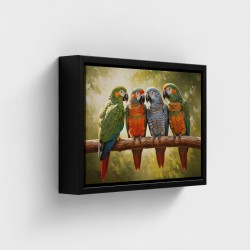 Tableau impression sur toile Animal oiseaux perroquets aux plumes multicolores, perchés sur une branche jungle tropicale