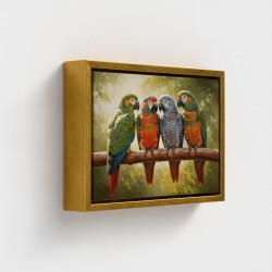 Tafelprint op canvas dierlijke vogels papegaaien met veelkleurige veren, zat op een tropische jungle tak