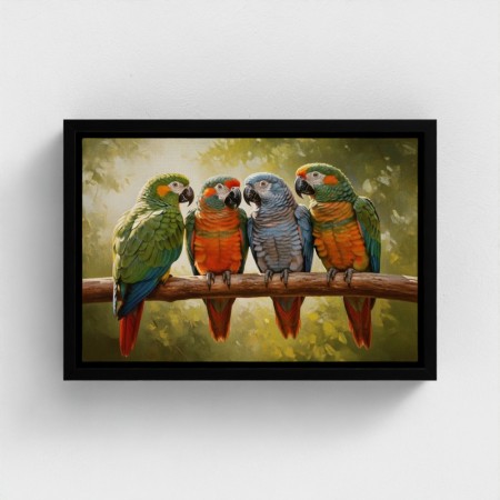Tableau impression sur toile Animal oiseaux perroquets aux plumes multicolores, perchés sur une branche jungle tropicale