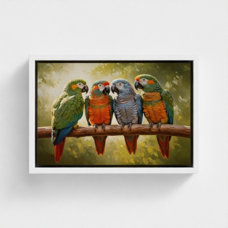 Impressão de mesa em papagaios de pássaros de animais de lona com penas multicoloridas, empoleirado em um ramo tropical da selva