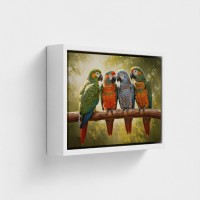 Tabella Stampa su Canvas Animal Birds Pappagalli con piume multicolori, appollaiata su un ramo tropicale della giungla