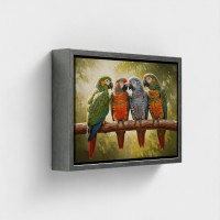 Tableau impression sur toile Animal oiseaux perroquets aux plumes multicolores, perchés sur une branche jungle tropicale