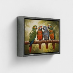 Tafelprint op canvas dierlijke vogels papegaaien met veelkleurige veren, zat op een tropische jungle tak