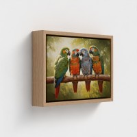 TABEL PRINT PÅ CANVER DYR DYR BIRDER PARROTS MED Flerfarvede fjer, perched på en tropisk jungleafdeling