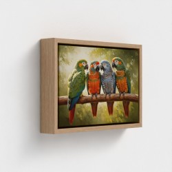 TABEL PRINT PÅ CANVER DYR DYR BIRDER PARROTS MED Flerfarvede fjer, perched på en tropisk jungleafdeling