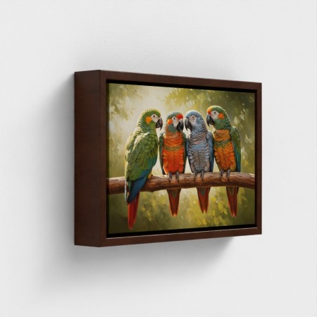 Table print on canvas animal birds parrots with multicolored feathers, perched on a tropical jungle branch