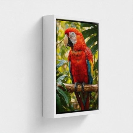 Maleri på lærred Udskrivning Bird Parrot Green Red Feathers Perched på en jungle Tropical Forest Branch