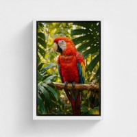 Maleri på lerretstrykkfugl Parrot Green Red Feathers Perched på en Jungle Tropical Forest Branch