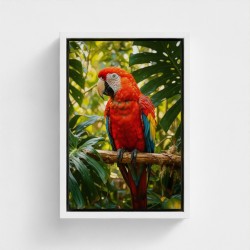 Painting on canvas printing bird parrot green red feathers perched on a jungle tropical forest branch
