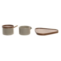 Set Milchtöpfe und Porzellan-Zuckerkuchen mit dreieckiger hölzerner Platte von Hevea Beige und Braun