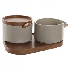 Set de Pots à Lait et Sucrier en Porcelaine avec Plateau Triangulaire en Bois d’Hévéa Beige et Marron