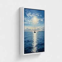 Målning Tryck på Canvas Marine Porträtt Båt Segelbåt på den blå havet Bleue lysande sol i horisonten