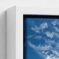 Painting print on canvas marine portrait boat sailboat on the blue sea shining sun on the horizon