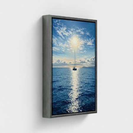 Maleri Skriv ut på lerret Marine Portrait Boat Sailboat på Blå Sea Shining Sun i horisonten