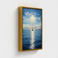 Malerei Druck auf Leinwand Marine Porträtboot Segelboot auf dem blauen Meer leuchtende Sonne am Horizont