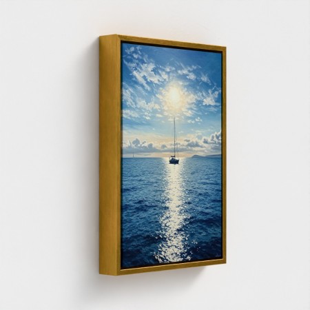 Impressão de pintura na lona marinha retrato barco veleiro no mar azul brilhando sol no horizonte