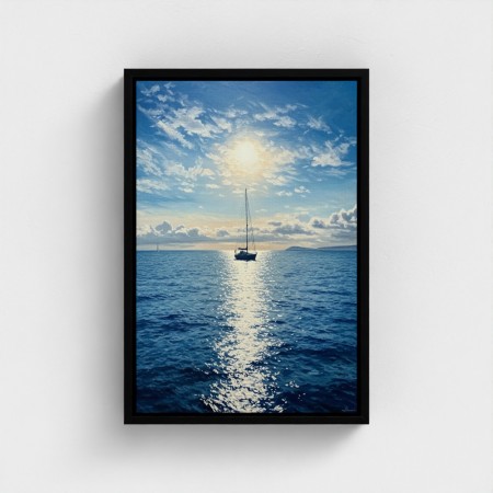 Malerei Druck auf Leinwand Marine Porträtboot Segelboot auf dem blauen Meer leuchtende Sonne am Horizont