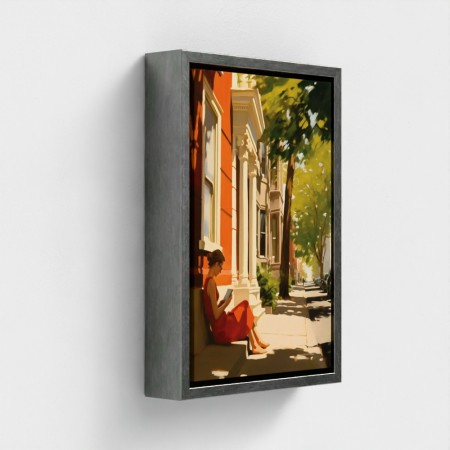 TABEL PRINTET Kunst på lærred indrammet, illustration, der repræsenterer en ung kvinde sidder at læse en bog