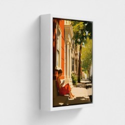 Table printed art on canvas framed, illustration representing a young woman sitting reading a book