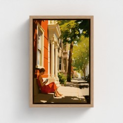 Table printed art on canvas framed, illustration representing a young woman sitting reading a book