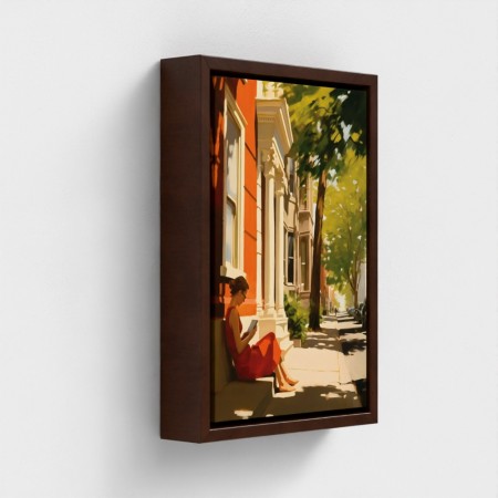 TABEL PRINTET Kunst på lærred indrammet, illustration, der repræsenterer en ung kvinde sidder at læse en bog