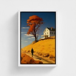 Tabelltryckt konst på dukramad, silhuett silhuett illustration promenad till ett hus på kullen