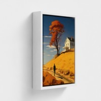 Tischgedruckte Kunst auf Leinwand gerahmt, Silhouette Silhouette Illustration zu Fuß zu einem Haus auf dem Hügel