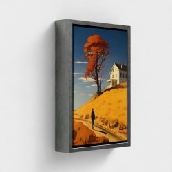 Tavolo stampato arte su tela incorniciata, sagoma silhouette illustrazione cammina a una casa sulla collina