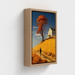 Tavolo stampato arte su tela incorniciata, sagoma silhouette illustrazione cammina a una casa sulla collina