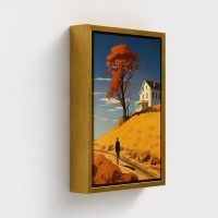 Tischgedruckte Kunst auf Leinwand gerahmt, Silhouette Silhouette Illustration zu Fuß zu einem Haus auf dem Hügel