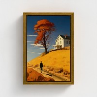 Tavolo stampato arte su tela incorniciata, sagoma silhouette illustrazione cammina a una casa sulla collina