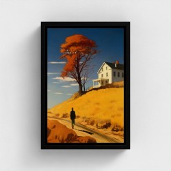 Tavolo stampato arte su tela incorniciata, sagoma silhouette illustrazione cammina a una casa sulla collina