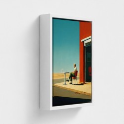 Tableau imprimé art sur toile encadrée illustration Homme assis à la terrasse d un café isolé face à une route déserte ciel bleu