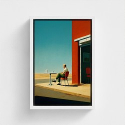 Tabelle gedruckte Kunst auf Leinwand gerahmter Mannillustration, die auf der Terrasse eines Kaffee sitzt, der gegen einen verlas