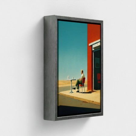 Tafel gedrukte kunst op canvas ingelijste man illustratie zittend op het terras van een koffie geïsoleerd tegen een verlaten weg