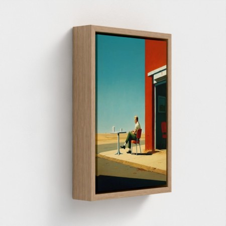 Tafel gedrukte kunst op canvas ingelijste man illustratie zittend op het terras van een koffie geïsoleerd tegen een verlaten weg