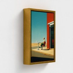 Tafel gedrukte kunst op canvas ingelijste man illustratie zittend op het terras van een koffie geïsoleerd tegen een verlaten weg