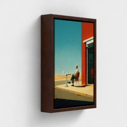 Tafel gedrukte kunst op canvas ingelijste man illustratie zittend op het terras van een koffie geïsoleerd tegen een verlaten weg