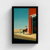Table Printed Art On Canvas Framed Man Illustration Sitting at the terrace of a coffee isolated against a deserted road blue sky